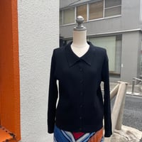 襟付きリブニットカーディガン ブラック オフショルダー
