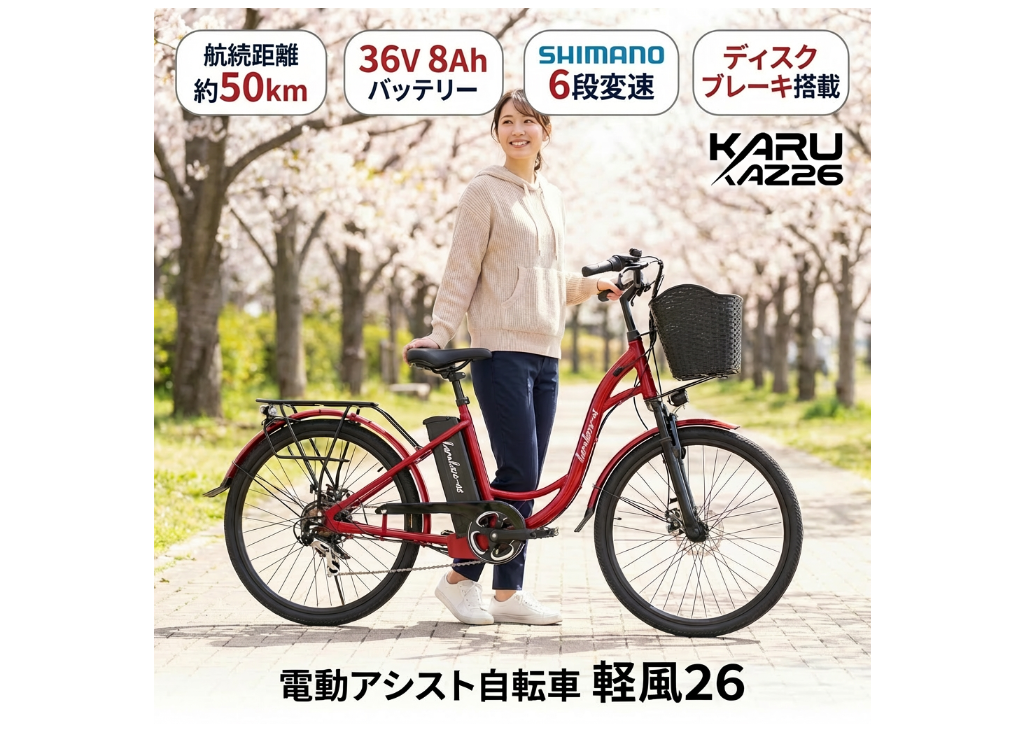 電動アシスト自転車 軽風26 36V版大容量リチウムイオンバッテリー搭載
