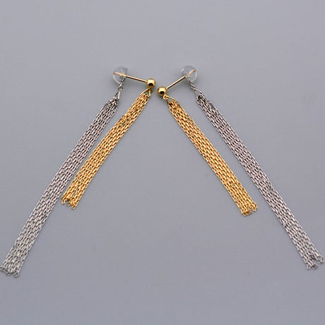 【K18YG / Pt900】コンビカラー ダブルタッセル チェーンピアス