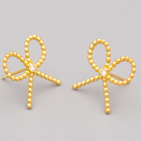 【K18YG】ゴールドボール リボンダイヤモンドピアス
