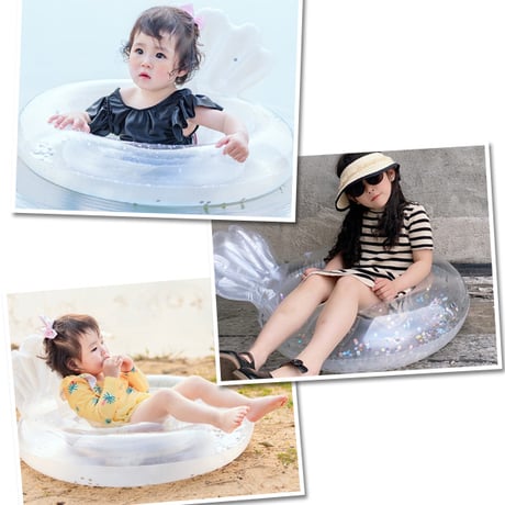 クリアシェルフロート 足穴タイプ O型タイプ 1〜9歳ラメ入り 子供 赤ちゃん 浮き輪 浮輪 貝 キッズ ベビー フロート 海 プール 水遊び 貝殻 シェル クリア ラメ