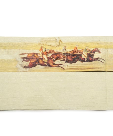 【新品】 【九寸名古屋帯】 【お仕立済み】お太鼓柄 染め名古屋帯 名古屋仕立て 競馬 クリーム色 カジュアル 送料無料！【商品番号】90100101