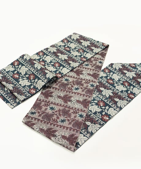 【新品】 【八寸名古屋帯】 【お仕立済み】全通柄 松葉仕立て ダークグリーン 草花文様 ポリエステル カジュアル 送料無料！【商品番号】90100070