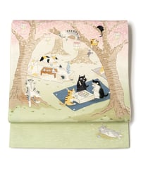 【新品】 【京袋帯】 【お仕立済み】 wakka 正絹 お太鼓柄 京袋帯 『お花見猫』 白 カジュアル 送料無料！【商品番号】90100099