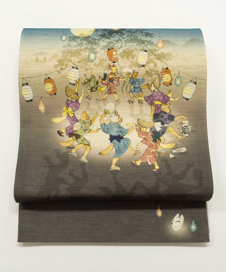 【新品】 【京袋帯】 【お仕立済み】wa・kka 「鎮守の杜」お太鼓柄 紺色 麻 カジュアル 送料無料！【商品番号】90100019