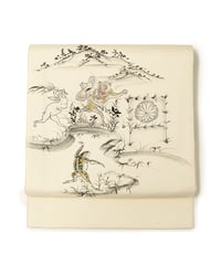 【新品】 【袋帯】 【お仕立済み】お太鼓柄 生成色 染め 鳥獣人物戯画 カジュアル 送料無料！【商品番号】90100091