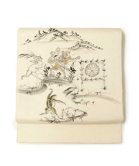 【新品】 【袋帯】 【お仕立済み】お太鼓柄 生成色 染め 鳥獣人物戯画 カジュアル 送料無料！【商品番号】90100091