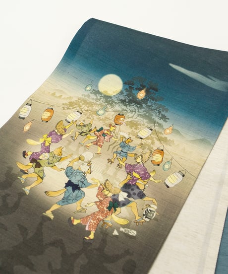 【新品】 【京袋帯】 【お仕立済み】wa・kka 「鎮守の杜」お太鼓柄 紺色 麻 カジュアル 送料無料！【商品番号】90100019
