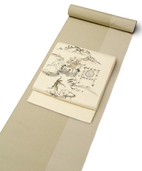 【新品】 【袋帯】 【お仕立済み】お太鼓柄 生成色 染め 鳥獣人物戯画 カジュアル 送料無料！【商品番号】90100091
