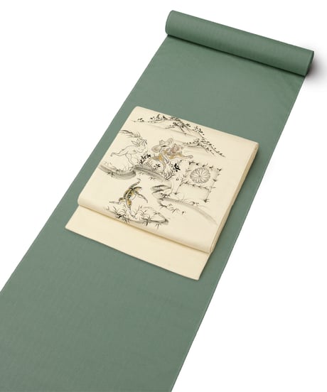 【新品】 【袋帯】 【お仕立済み】お太鼓柄 生成色 染め 鳥獣人物戯画 カジュアル 送料無料！【商品番号】90100091