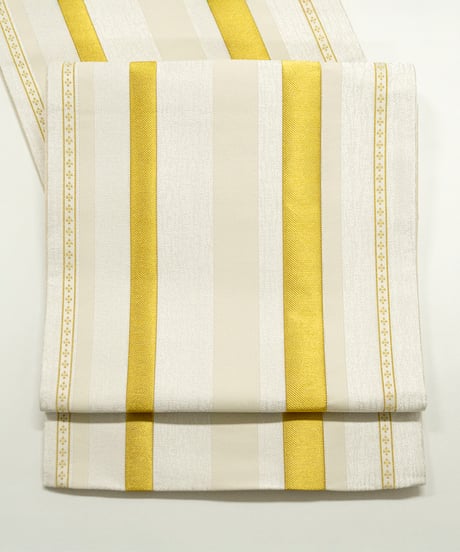 【新品】 【袋帯】 【お仕立済み】全通柄 ホワイト×ゴールド 縞 ポリエスエル 振袖 送料無料！【商品番号】90100060