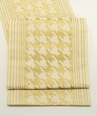 【新品】 【袋帯】 【お仕立済み】全通柄 ゴールド×クリームイエロー 千鳥格子 ポリエスエル 振袖 玉城ティナ×キスミス 送料無料！【商品番号】90100061