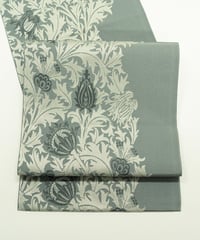 【新品】 【八寸名古屋帯】 【お仕立済み】全通柄 松葉仕立て 青磁色 薊文様 ポリエステル カジュアル 送料無料！【商品番号】90100069