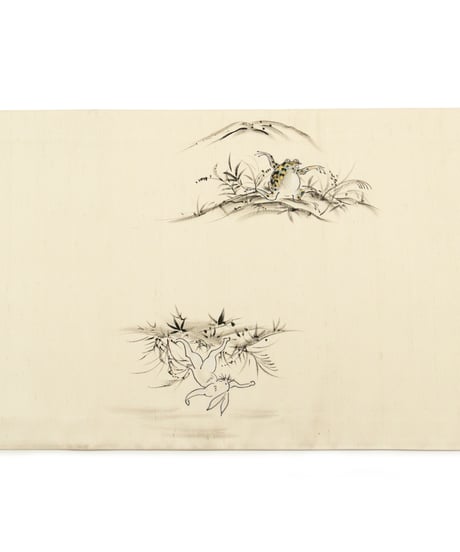 【新品】 【袋帯】 【お仕立済み】お太鼓柄 生成色 染め 鳥獣人物戯画 カジュアル 送料無料！【商品番号】90100091
