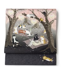 【新品】 【京袋帯】 【お仕立済み】 wakka 正絹 お太鼓柄 京袋帯 『お花見猫』 黒 カジュアル 送料無料！【商品番号】90100098