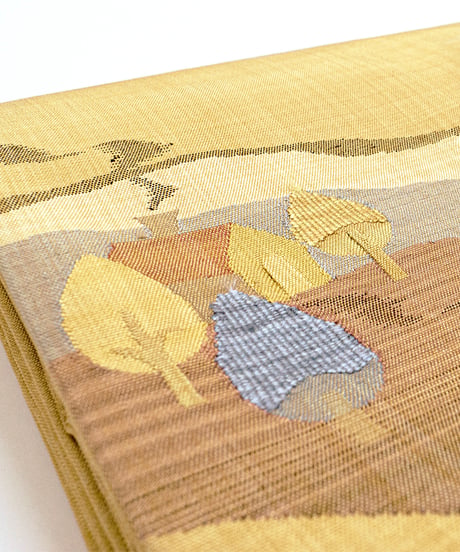 【新品】 【九寸名古屋帯】 【お仕立済み】お太鼓柄 からし色 すくい織 田園風景 カジュアル 送料無料！【商品番号】90100026