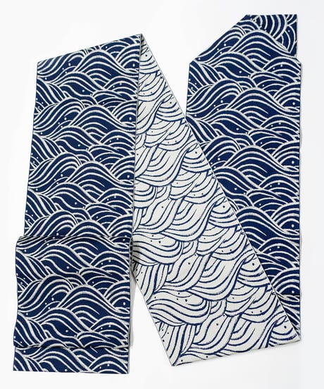 【新品】 【八寸名古屋帯】 【お仕立済み】全通柄 松葉仕立て ネイビー 波文様 ポリエステル カジュアル 送料無料！【商品番号】90100064