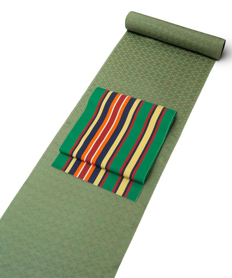 【新品】 【八寸名古屋帯】 【お仕立済み】全通柄 松葉仕立て 緑 縞 西村織物謹製 証紙付 本場筑前博多織 カジュアル 送料無料！【商品番号】90100084