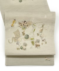 【新品】 【京袋帯】 【お仕立済み】wa・kka「スイカ割り」お太鼓柄 薄グレー 麻 カジュアル 送料無料！【商品番号】90100018