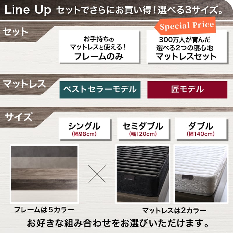引き出し4杯 天然木調 大容量収納すのこチェストベッド【KASANE】匠
