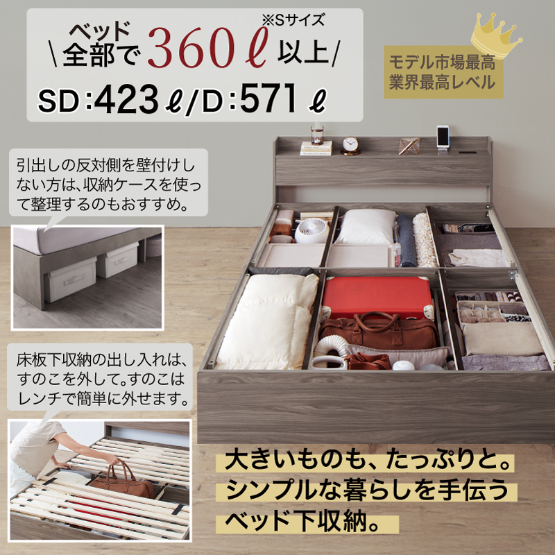 棚コンセント付き引き出し収納ベッド Ever X エヴァー エックス 