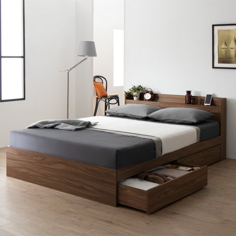 シングルベッド + マットレスセット S 棚 コンセント 収納付き Ever X