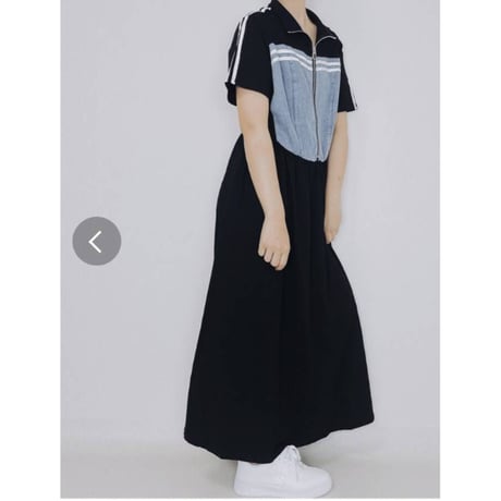 [大人気]デニム異素材切替胸袖2本ラインウエスト切替ワンピースブラック.8995円の30%オフ