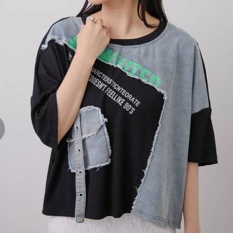[新作] 綿　100%デニム切替ロゴ入りティーシャツ、6200円の30%オフ