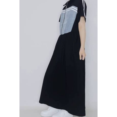 [大人気]デニム異素材切替胸袖2本ラインウエスト切替ワンピースブラック.8995円の30%オフ