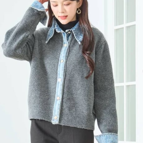 [再入荷]デニム×ニット異素材切替カーディガン