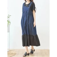 [新作]デニム異素材切替配色デニムジャンパースカート風ドッキングワンピース 6500円 30%オフ 4550円