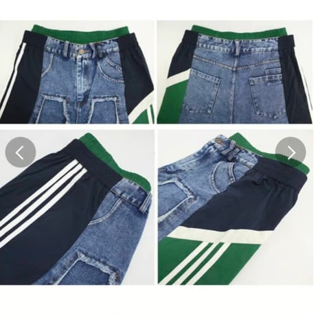 異素材切替えデニムワイドパンツ　サイドライン　配色　デニムパラシュートパンツ