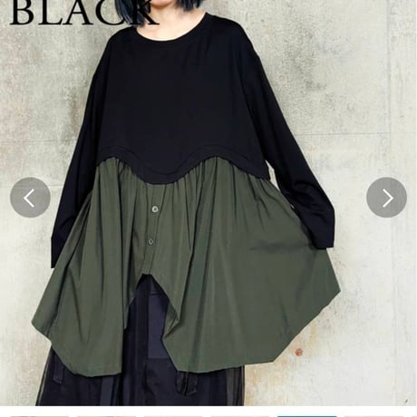 ゆったり裾異素材切替ヘムデザインプルオーバー　ロングTシャツ　チュニック