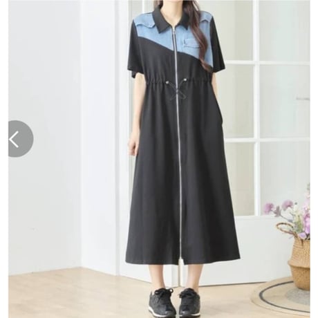 [新作]デニム異素材切替配色前ファスナーワンピース ブラック 8500円 30%オフ 5950円