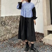 新作　ストライプX無地異素材配色切替シャツワンピース