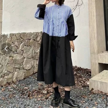 新作　ストライプX無地異素材配色切替シャツワンピース