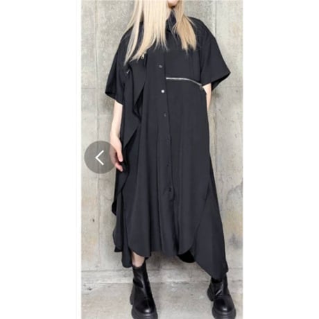 [モード]ファスナーデザイン裾重ねロングシャツワンピース