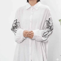 麻レーヨンバッグ刺繍デザインロングシャツ