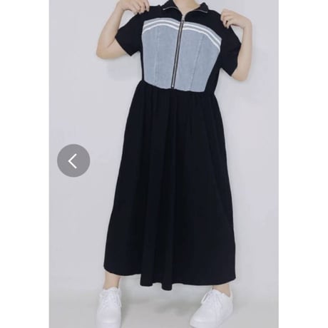 [大人気]デニム異素材切替胸袖2本ラインウエスト切替ワンピースブラック.8995円の30%オフ