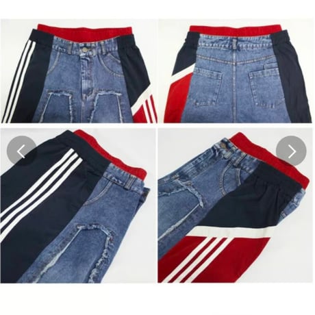 異素材切替えデニムワイドパンツ　サイドライン　配色　デニムパラシュートパンツ