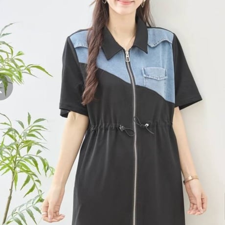 [新作]デニム異素材切替配色前ファスナーワンピース ブラック 8500円 30%オフ 5950円