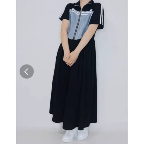 [大人気]デニム異素材切替胸袖2本ラインウエスト切替ワンピースブラック.8995円の30%オフ