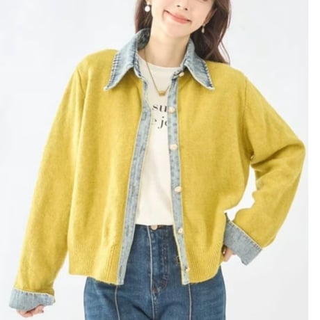 [再入荷]デニム×ニット異素材切替カーディガン