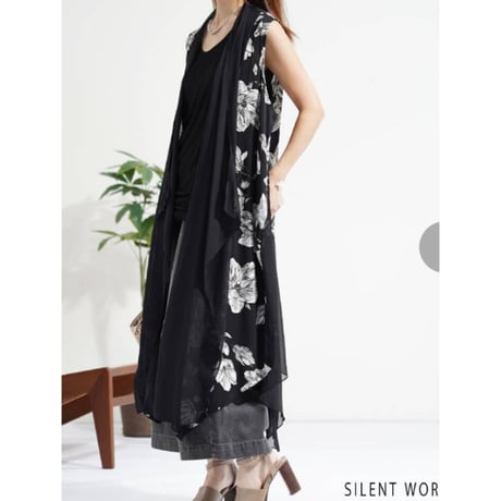 [新作]シフォンX花柄プリント切替デザインロングジレ.4995円、20%OFF