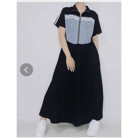 [大人気]デニム異素材切替胸袖2本ラインウエスト切替ワンピースブラック.8995円の30%オフ