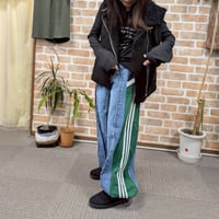 ウエストナイロン総ゴム配色切り替えパンツグリーン×紺
