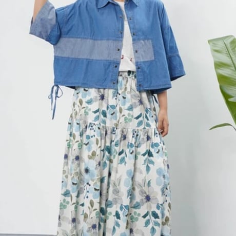 [新作][再入荷]デニム×ストライプ　裾ドロストデザインショートシャツ(サックス)、4995円、20%OFF.