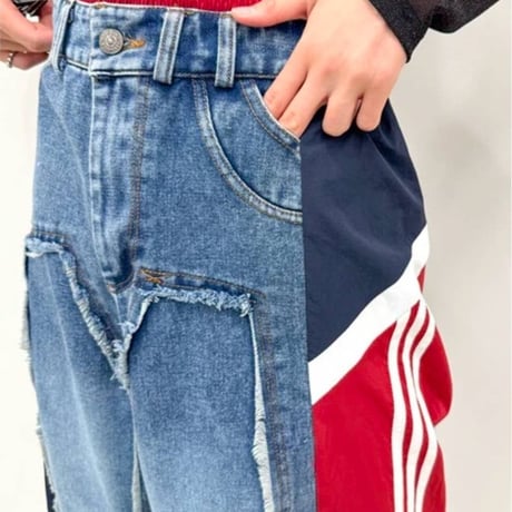 ウエストサイドナイロン配色切り替えパンツ赤×紺