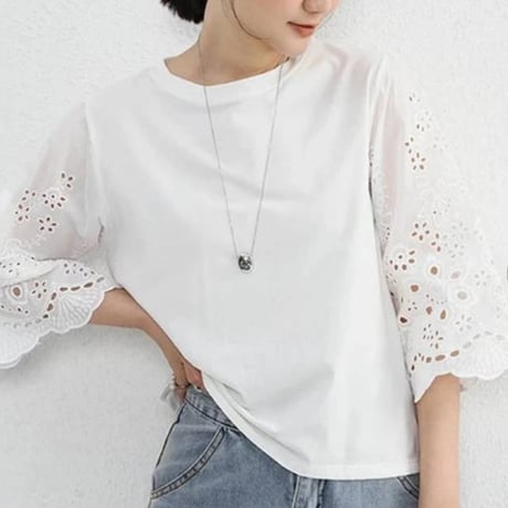 [新作]スカラップ刺繍スリーブコットブラウス
