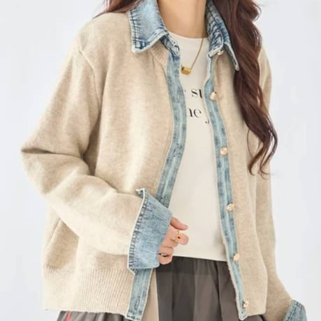 [再入荷]デニム×ニット異素材切替カーディガン